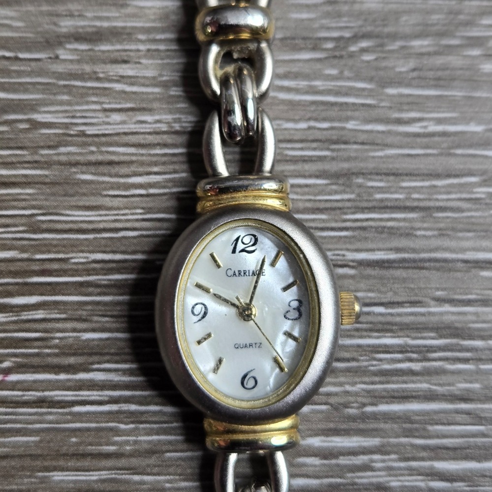 Carriage by Timex Women's Quartz Watch Oval Two Tone Silver Gold MOP K9 Works 6